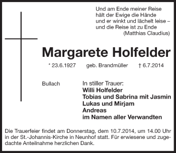 Traueranzeige von Margarete Holfelder von Pegnitz-Zeitung